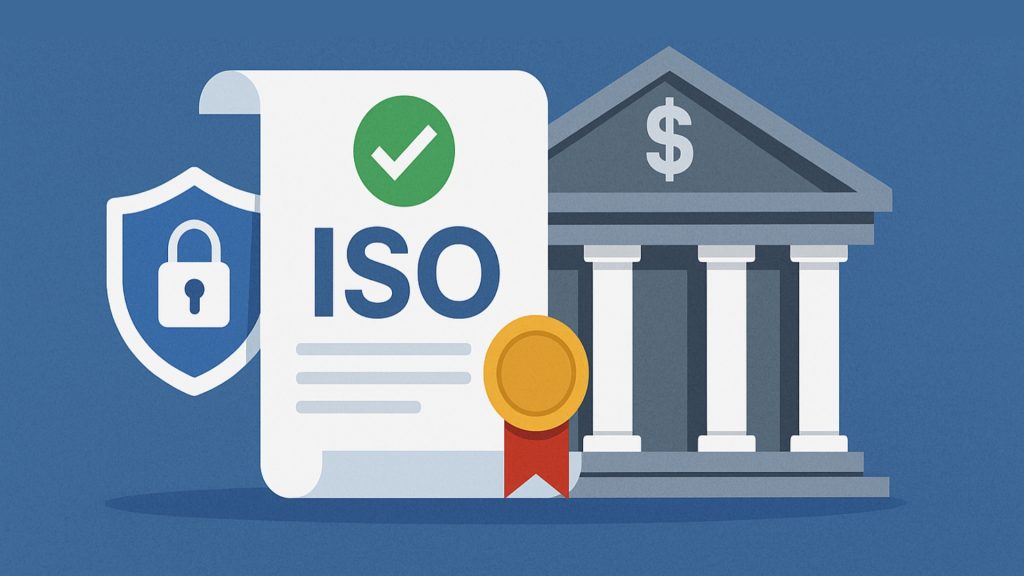 An image depicting ISO certification in banks in BD, showing an ISO certificate with a checkmark, a bank building, and a shield with a lock symbolizing security.