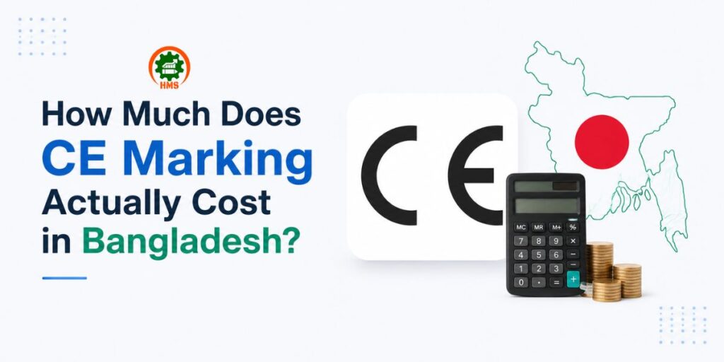 How much does CE marking actually cost in Bangladesh? A clean graphic featuring the CE mark, a calculator, coins, and an outline of Bangladesh.