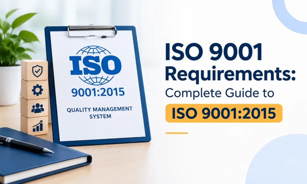 ISO 9001:2015 quality management requirements guide featuring an ISO certification clipboard, compliance icons, and the title “ISO 9001 Requirements: Complete Guide to ISO 9001:2015”.